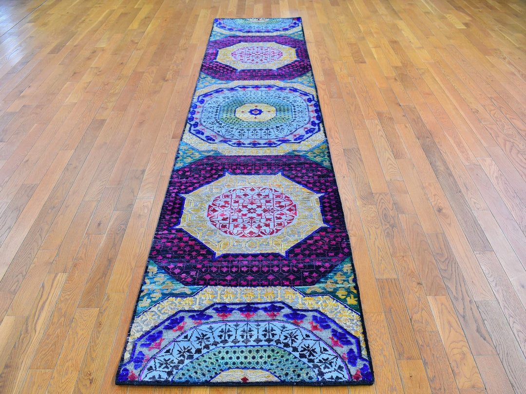 2'7" x 12'0" New Hand Knotted Yellow Wool & Silk Runner Oriental Rug - MOA10266696