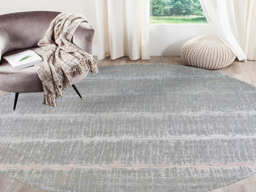 12'0" x 12'0" New Hand Knotted Grey Wool & Silk Round Oriental Rug - MOA10266700