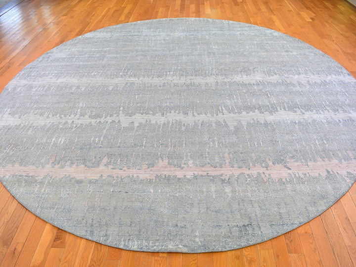 12'0" x 12'0" New Hand Knotted Grey Wool & Silk Round Oriental Rug - MOA10266700