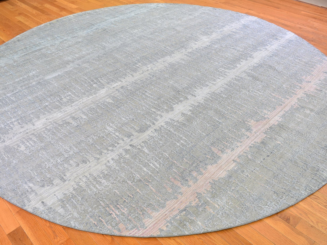 12'0" x 12'0" New Hand Knotted Grey Wool & Silk Round Oriental Rug - MOA10266700