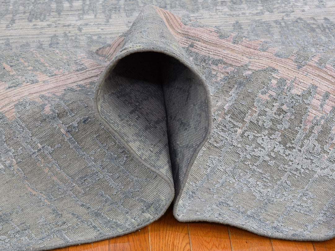 12'0" x 12'0" New Hand Knotted Grey Wool & Silk Round Oriental Rug - MOA10266700