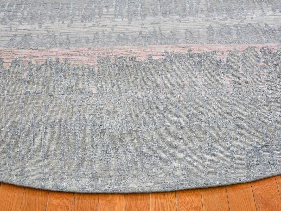 12'0" x 12'0" New Hand Knotted Grey Wool & Silk Round Oriental Rug - MOA10266700