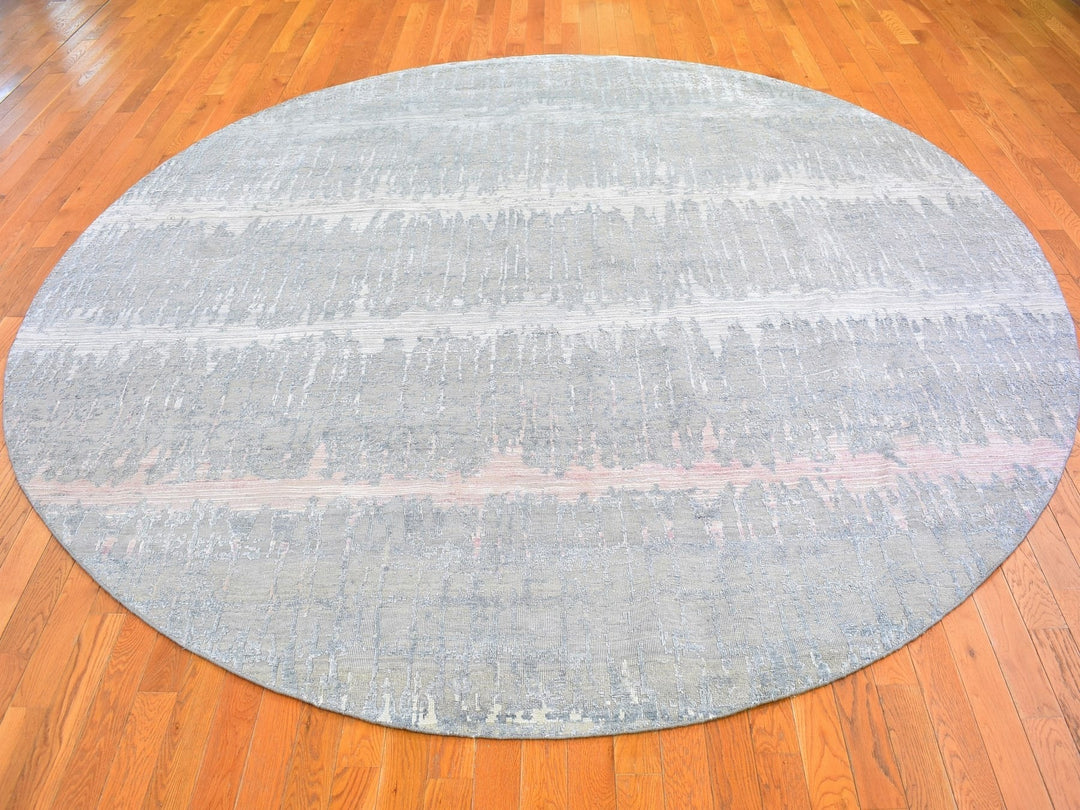10'1" x 10'1" New Hand Knotted Grey Wool & Silk Round Oriental Rug - MOA10266701