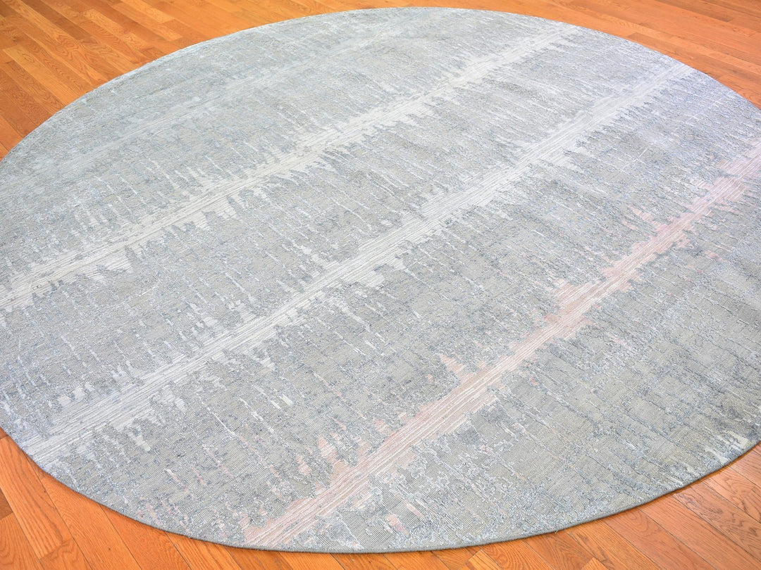 10'1" x 10'1" New Hand Knotted Grey Wool & Silk Round Oriental Rug - MOA10266701