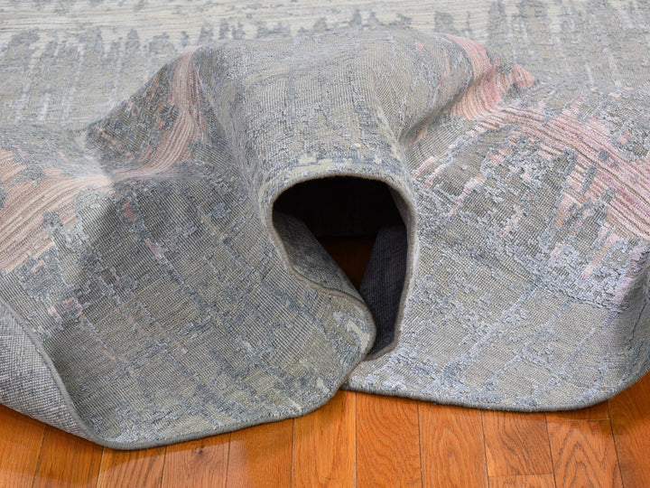 10'1" x 10'1" New Hand Knotted Grey Wool & Silk Round Oriental Rug - MOA10266701