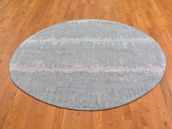 6'0" x 6'0" New Hand Knotted Grey Wool & Silk Round Oriental Rug - MOA10266707