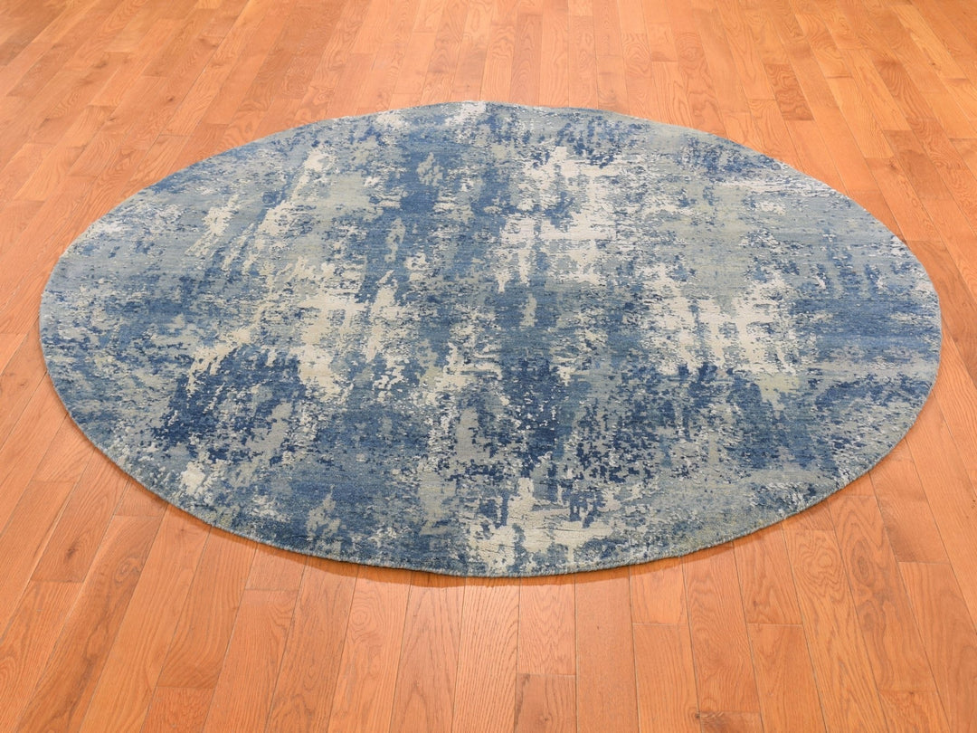 6'2" x 6'2" New Hand Knotted Blue Wool & Pure Silk Round Oriental Rug - MOA10266717