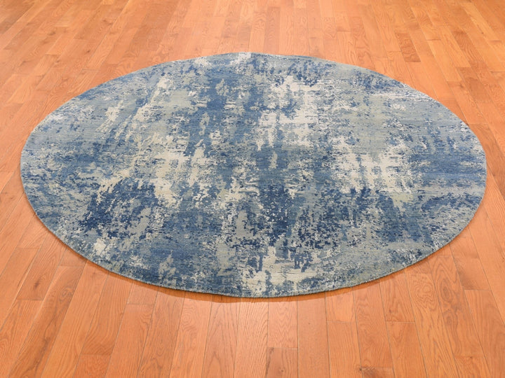 6'2" x 6'2" New Hand Knotted Blue Wool & Pure Silk Round Oriental Rug - MOA10266717