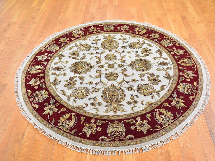 6'1" x 6'1" New Hand Knotted Ivory Wool & Silk Round Oriental Rug - MOA10266726