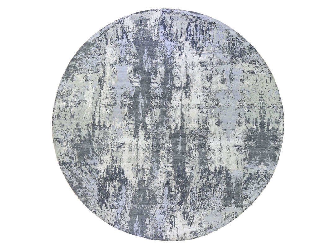 12'1" x 12'1" New Hand Knotted Grey Wool & Silk Round Oriental Rug - MOA10266733