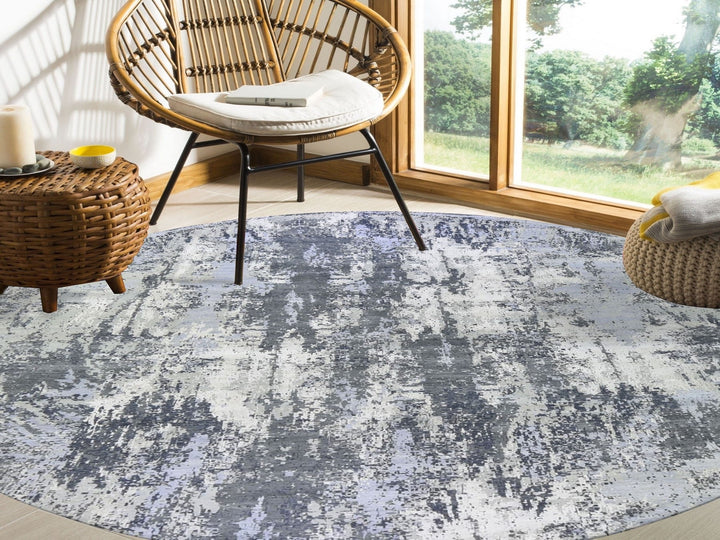 12'1" x 12'1" New Hand Knotted Grey Wool & Silk Round Oriental Rug - MOA10266733