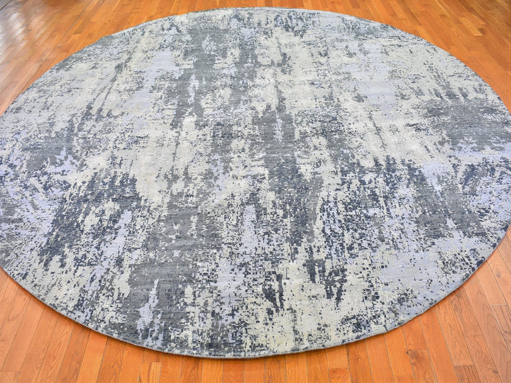 12'1" x 12'1" New Hand Knotted Grey Wool & Silk Round Oriental Rug - MOA10266733