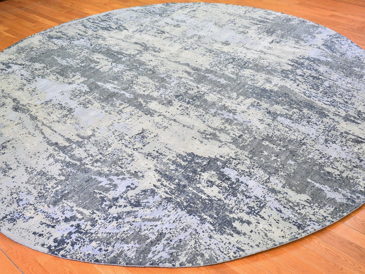 12'1" x 12'1" New Hand Knotted Grey Wool & Silk Round Oriental Rug - MOA10266733