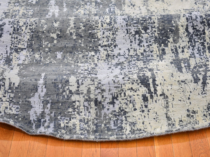 12'1" x 12'1" New Hand Knotted Grey Wool & Silk Round Oriental Rug - MOA10266733