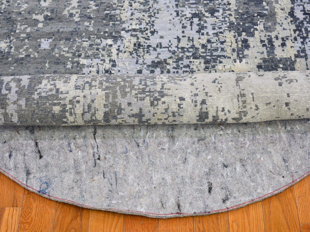 12'1" x 12'1" New Hand Knotted Grey Wool & Silk Round Oriental Rug - MOA10266733