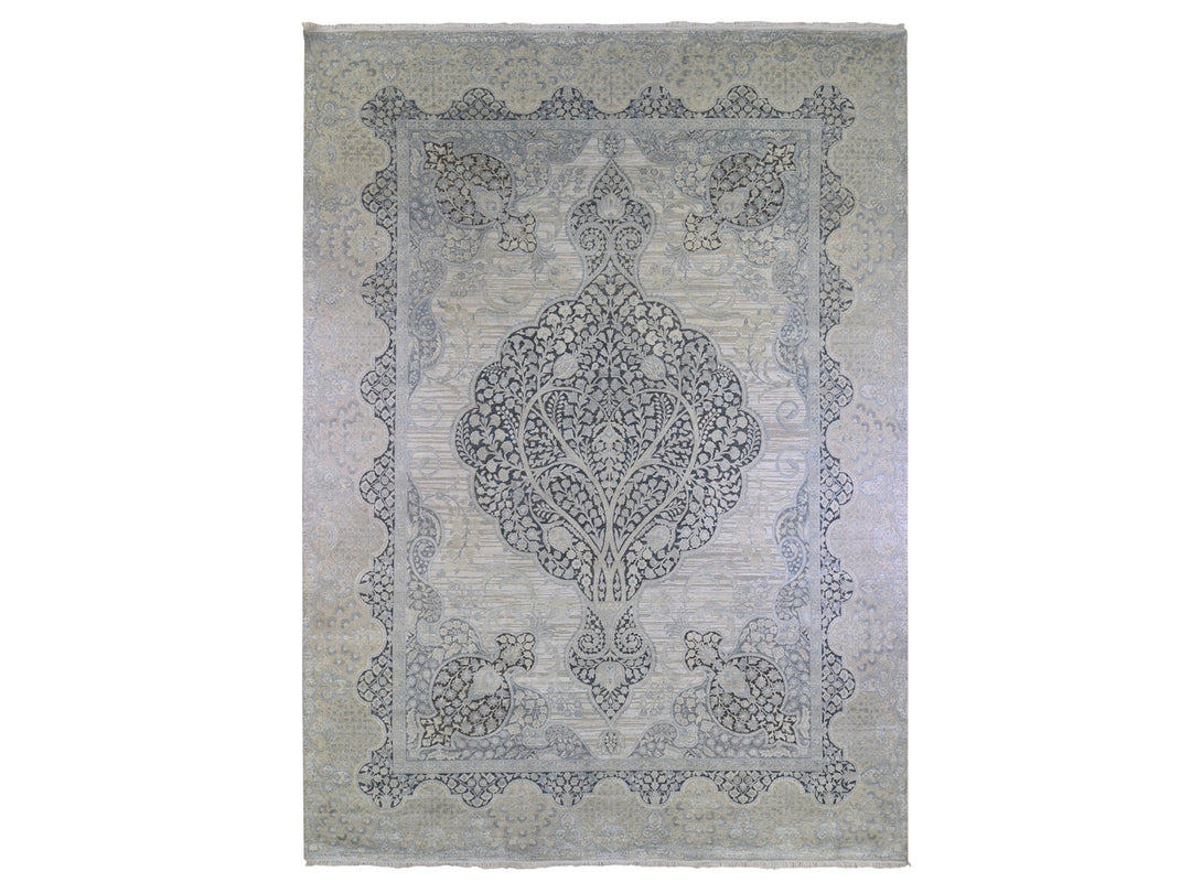11'10" x 16'0" New Hand Knotted Ivory Wool & Silk Rectangle Oriental Rug - MOA10266735