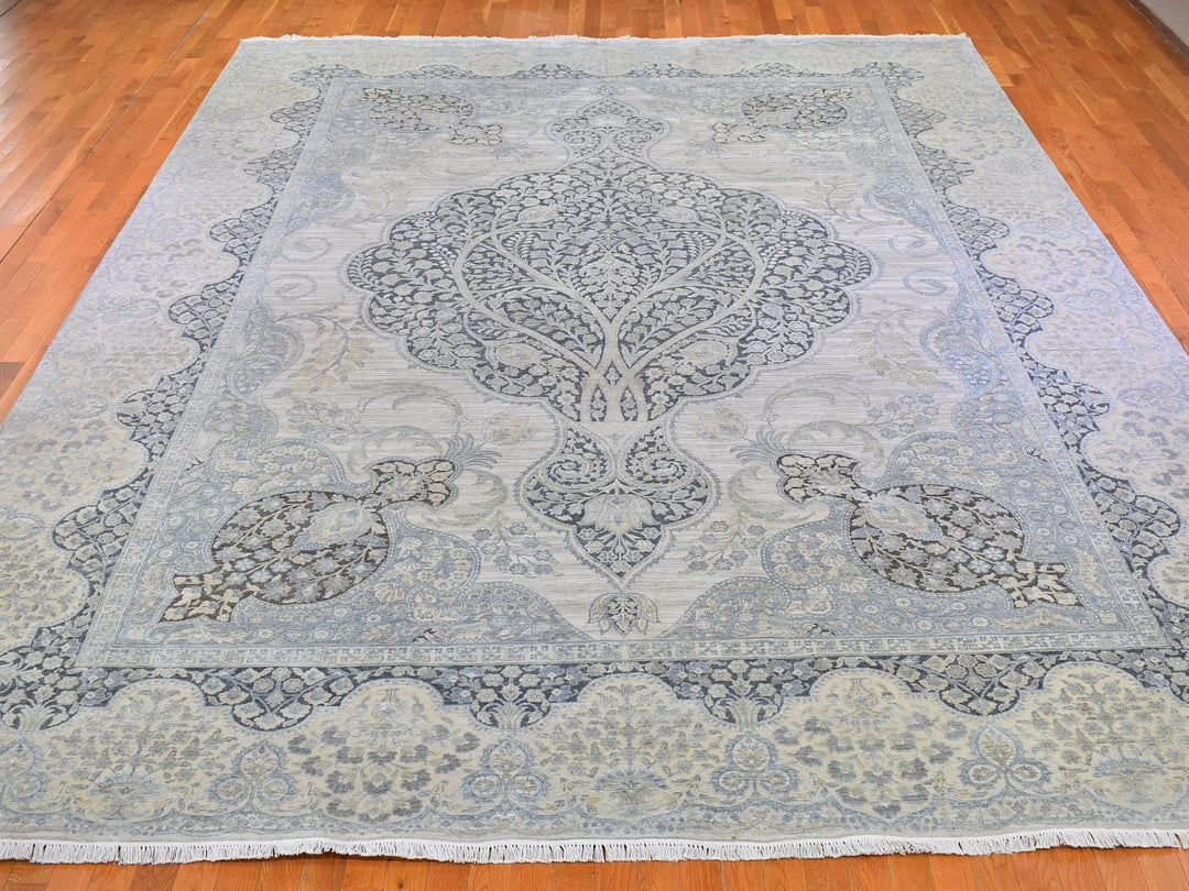11'10" x 16'0" New Hand Knotted Ivory Wool & Silk Rectangle Oriental Rug - MOA10266735