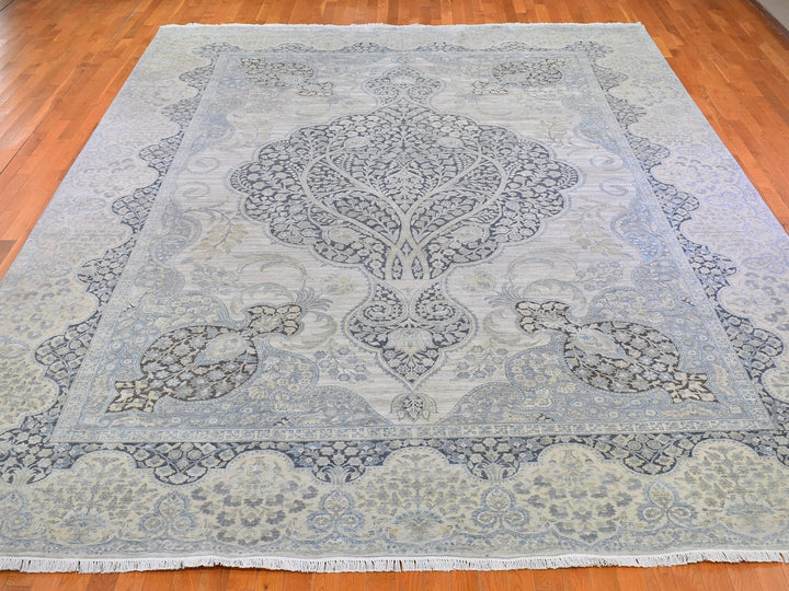 11'10" x 16'0" New Hand Knotted Ivory Wool & Silk Rectangle Oriental Rug - MOA10266735