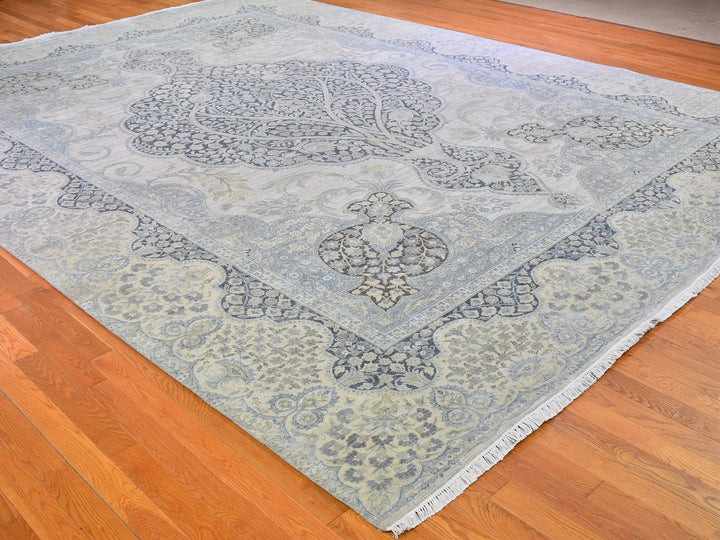 11'10" x 16'0" New Hand Knotted Ivory Wool & Silk Rectangle Oriental Rug - MOA10266735