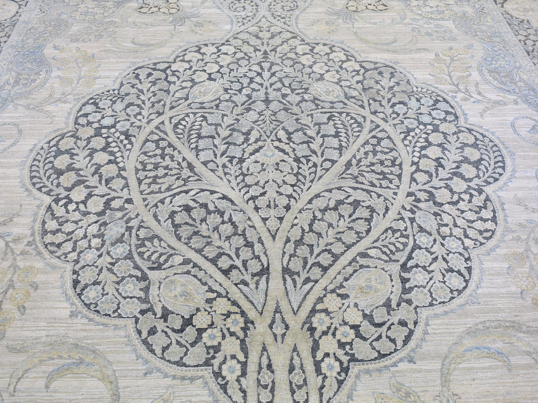 11'10" x 16'0" New Hand Knotted Ivory Wool & Silk Rectangle Oriental Rug - MOA10266735