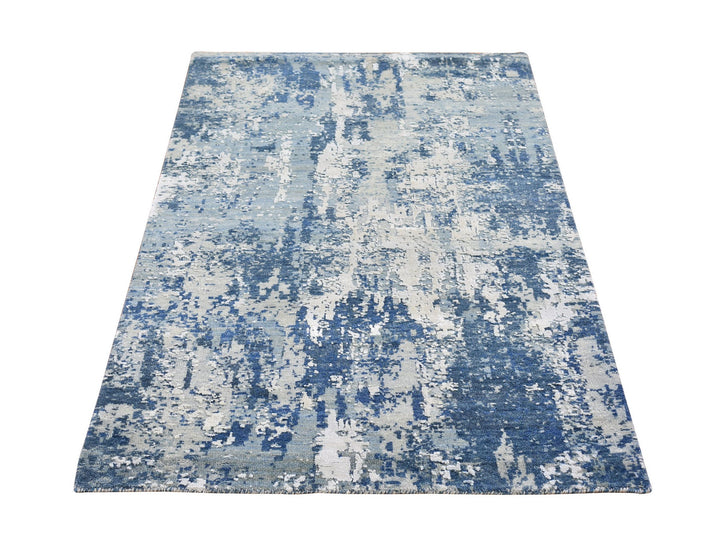 3'1" x 5'3" New Hand Knotted Blue Wool & Pure Silk Rectangle Oriental Rug - MOA10266763