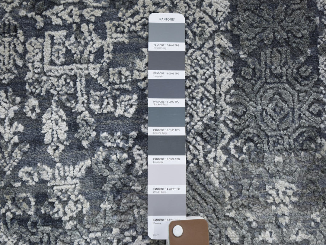 6'1" x 6'1" New Hand Knotted Grey Wool & Silk Round Oriental Rug - MOA10266778