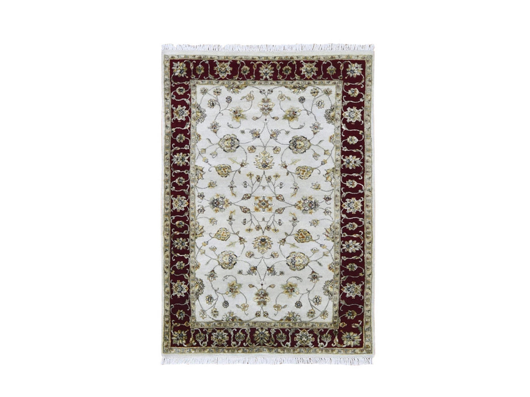 4'0" x 6'0" New Hand Knotted Ivory Wool & Silk Rectangle Oriental Rug - MOA10266779