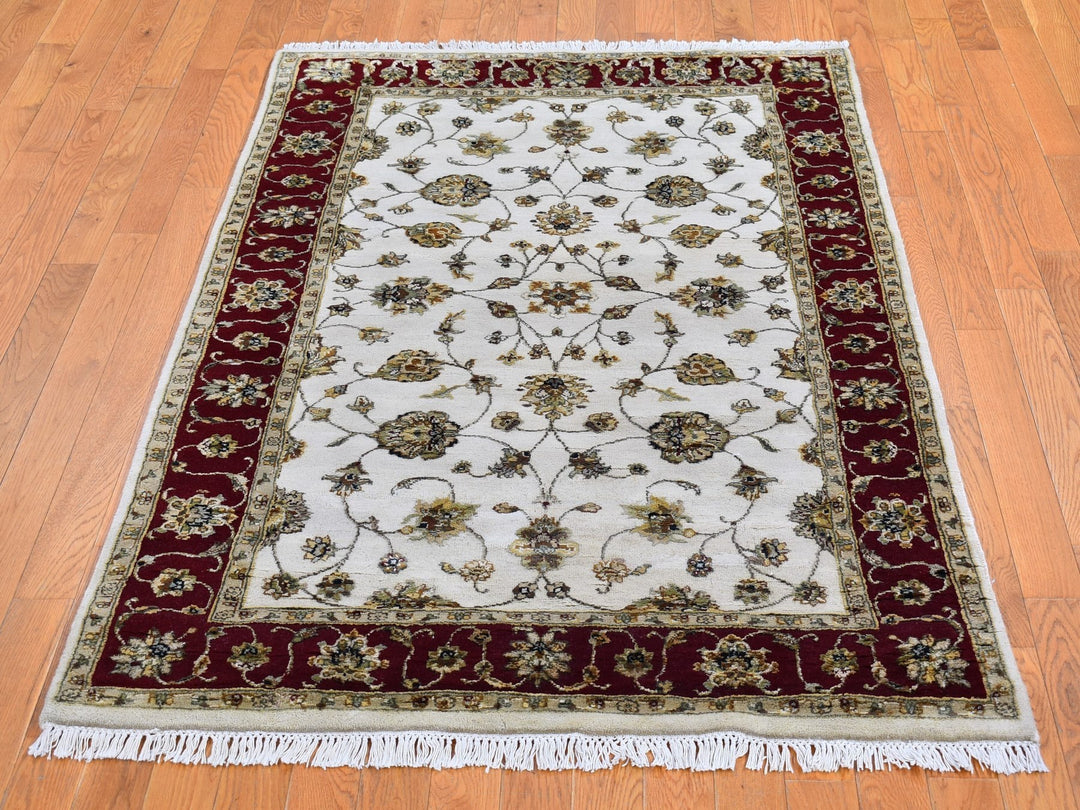4'0" x 6'0" New Hand Knotted Ivory Wool & Silk Rectangle Oriental Rug - MOA10266779
