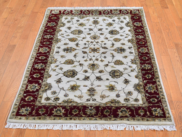 4'0" x 6'0" New Hand Knotted Ivory Wool & Silk Rectangle Oriental Rug - MOA10266779