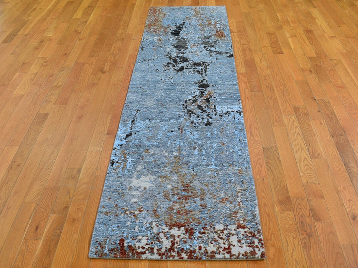 2'6" x 10'3" New Hand Knotted Blue Wool Runner Oriental Rug - MOA10266792