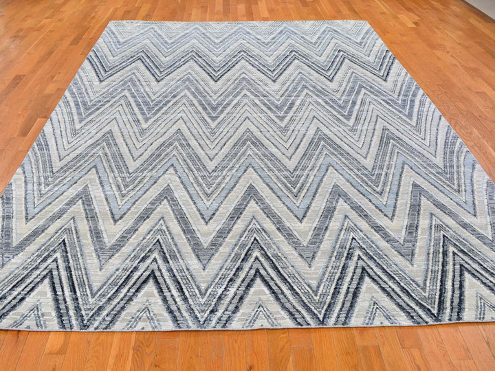 9'1" x 12'3" New Hand Knotted Grey Wool & Silk Rectangle Oriental Rug - MOA10266843