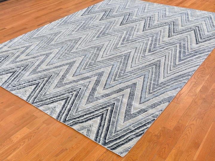 9'1" x 12'3" New Hand Knotted Grey Wool & Silk Rectangle Oriental Rug - MOA10266843