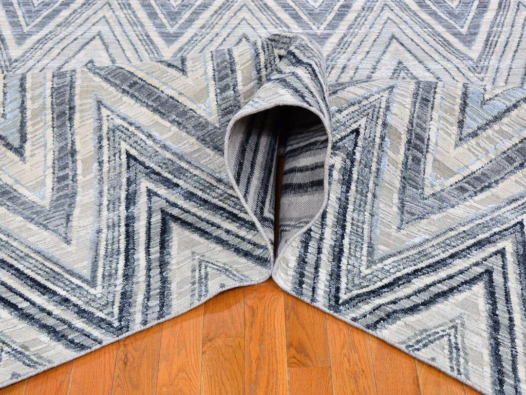 9'1" x 12'3" New Hand Knotted Grey Wool & Silk Rectangle Oriental Rug - MOA10266843