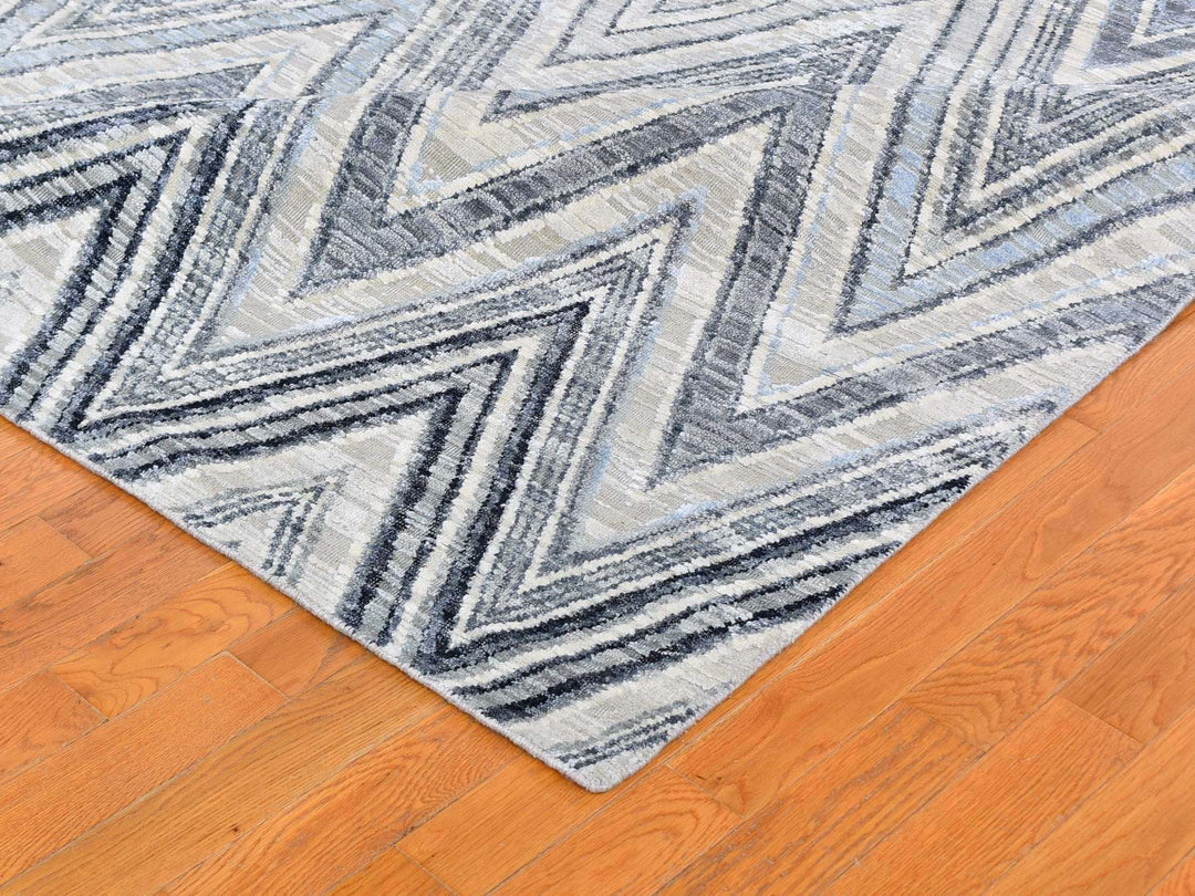 9'1" x 12'3" New Hand Knotted Grey Wool & Silk Rectangle Oriental Rug - MOA10266843