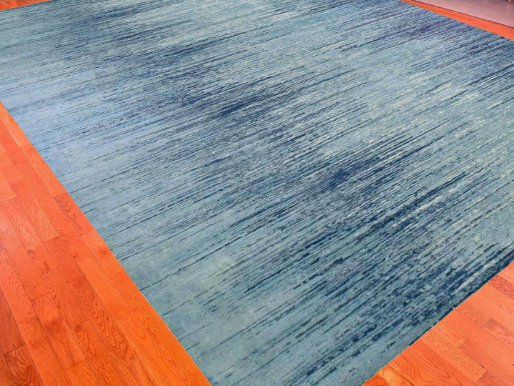 14'1" x 18'0" New Hand Knotted Blue Wool Rectangle Oriental Rug - MOA10266847