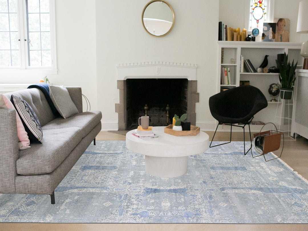 9'0" x 12'2" New Hand Knotted Blue Wool & Pure Silk Rectangle Oriental Rug - MOA10266954