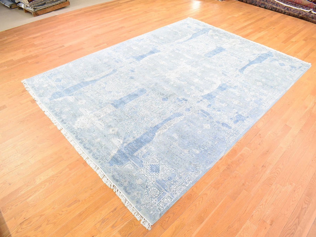 9'0" x 12'2" New Hand Knotted Blue Wool & Pure Silk Rectangle Oriental Rug - MOA10266954