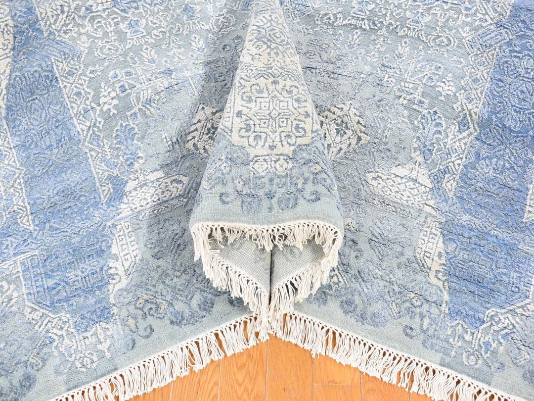 9'0" x 12'2" New Hand Knotted Blue Wool & Pure Silk Rectangle Oriental Rug - MOA10266954