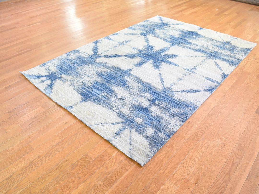 6'1" x 9'1" New Hand Knotted Blue Wool & Silk Rectangle Oriental Rug - MOA10266957