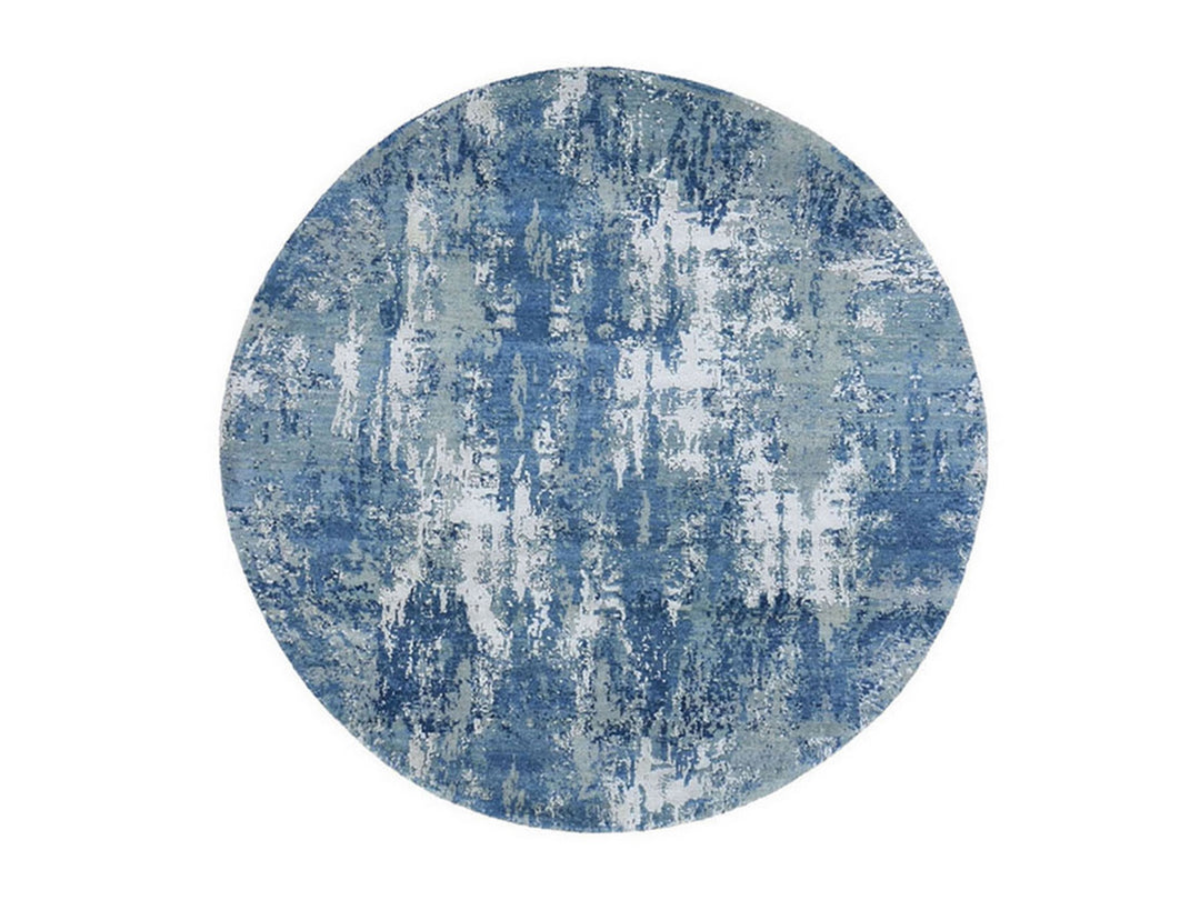 6'2" x 6'2" New Hand Knotted Blue Wool & Silk Round Oriental Rug - MOA10266961
