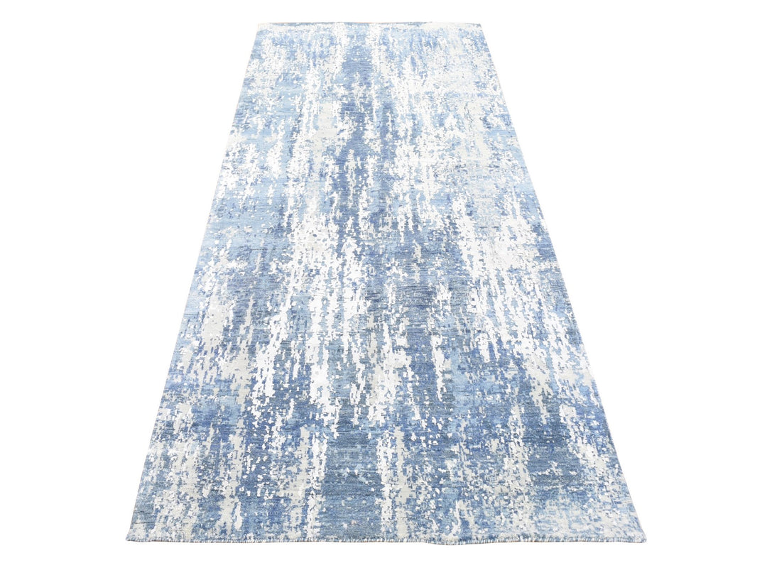 4'1" x 10'2" New Hand Knotted Blue Wool & Silk Runner Oriental Rug - MOA10266963