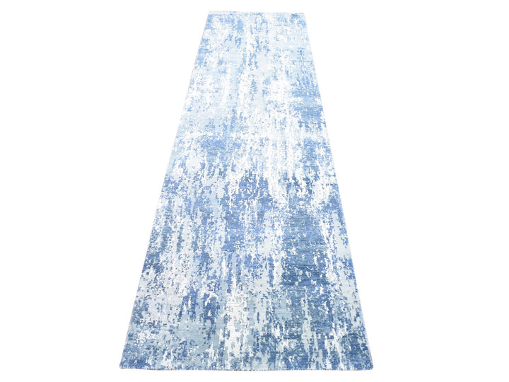 2'6" x 10'1" New Hand Knotted Blue Wool & Silk Runner Oriental Rug - MOA10266980