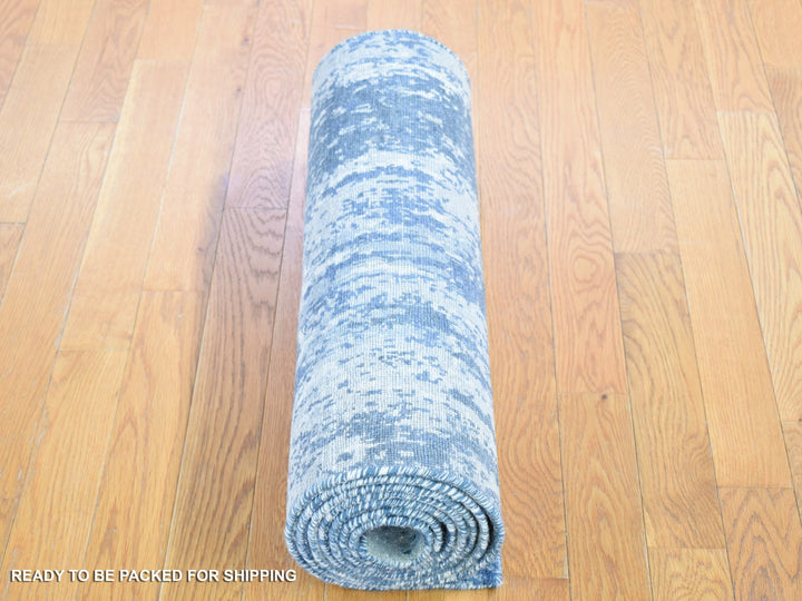 2'6" x 10'1" New Hand Knotted Blue Wool & Silk Runner Oriental Rug - MOA10266980