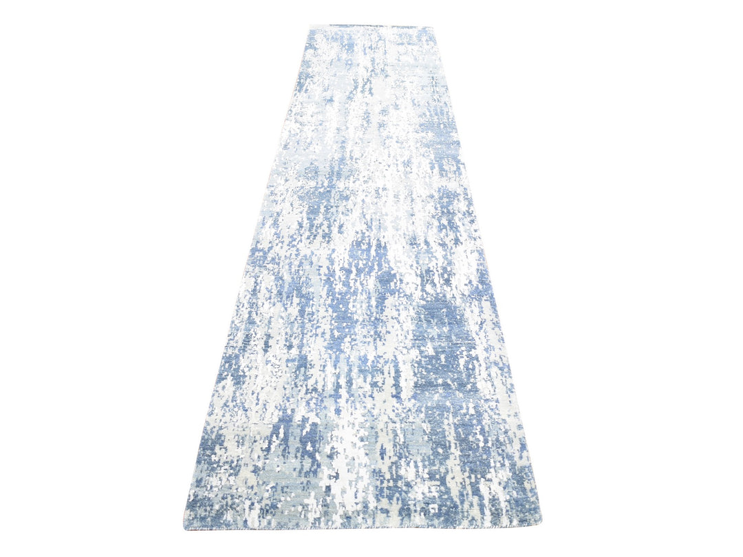 2'7" x 12'1" New Hand Knotted Blue Wool & Silk Runner Oriental Rug - MOA10266982