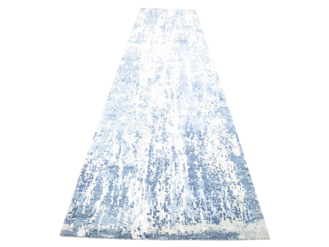 3'8" x 17'2" New Hand Knotted Blue Wool & Silk Runner Oriental Rug - MOA10266984