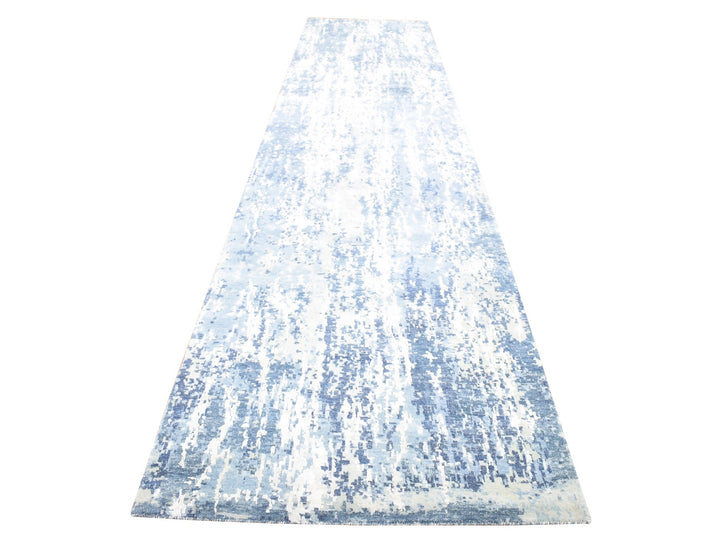 3'8" x 17'2" New Hand Knotted Blue Wool & Silk Runner Oriental Rug - MOA10266984