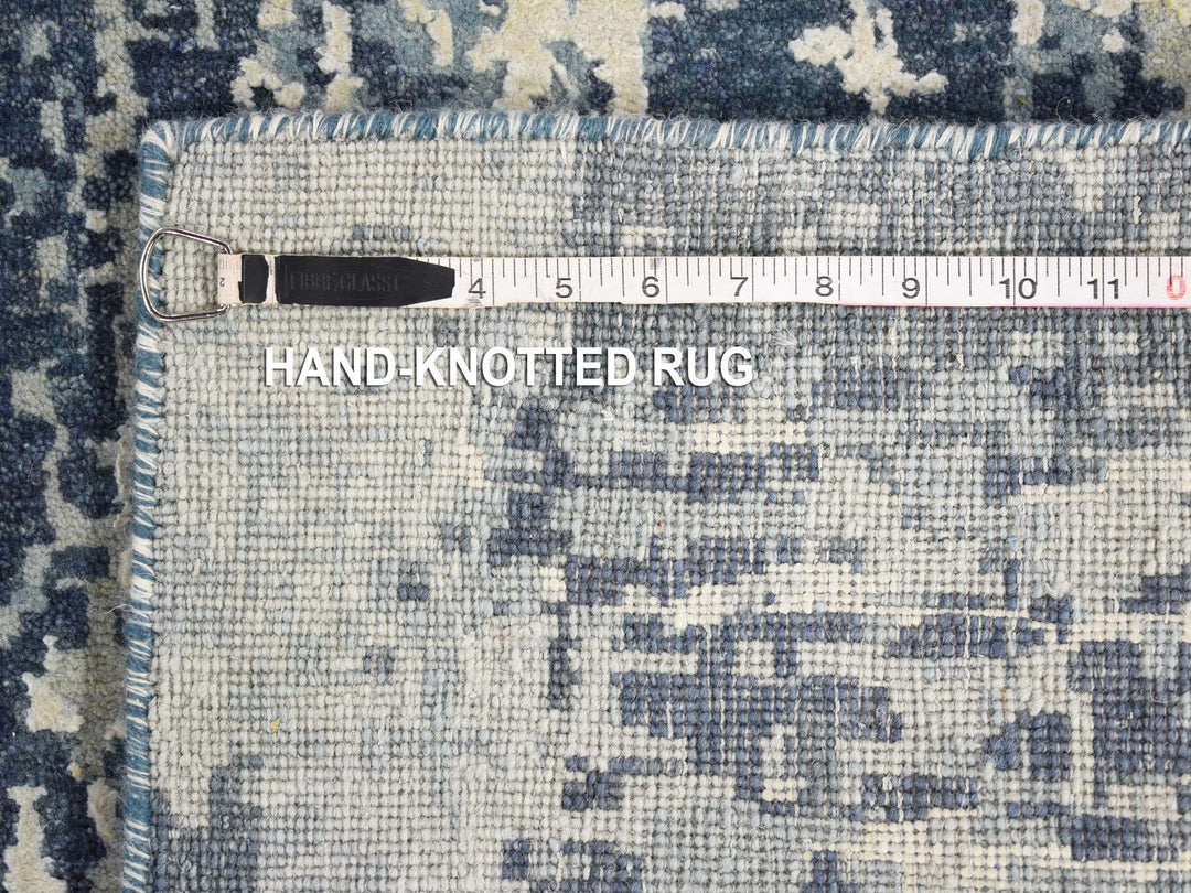3'8" x 17'2" New Hand Knotted Blue Wool & Silk Runner Oriental Rug - MOA10266984