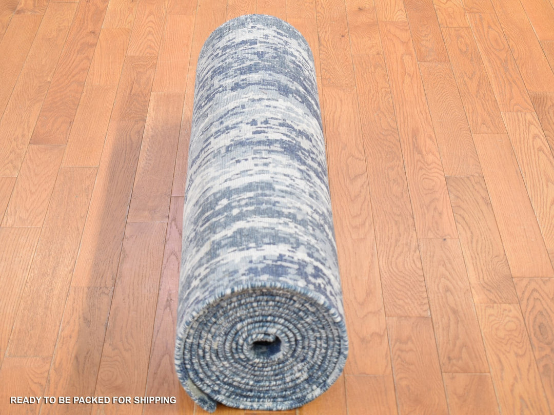 3'8" x 17'2" New Hand Knotted Blue Wool & Silk Runner Oriental Rug - MOA10266984