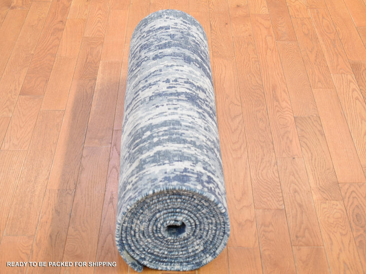3'8" x 17'2" New Hand Knotted Blue Wool & Silk Runner Oriental Rug - MOA10266984