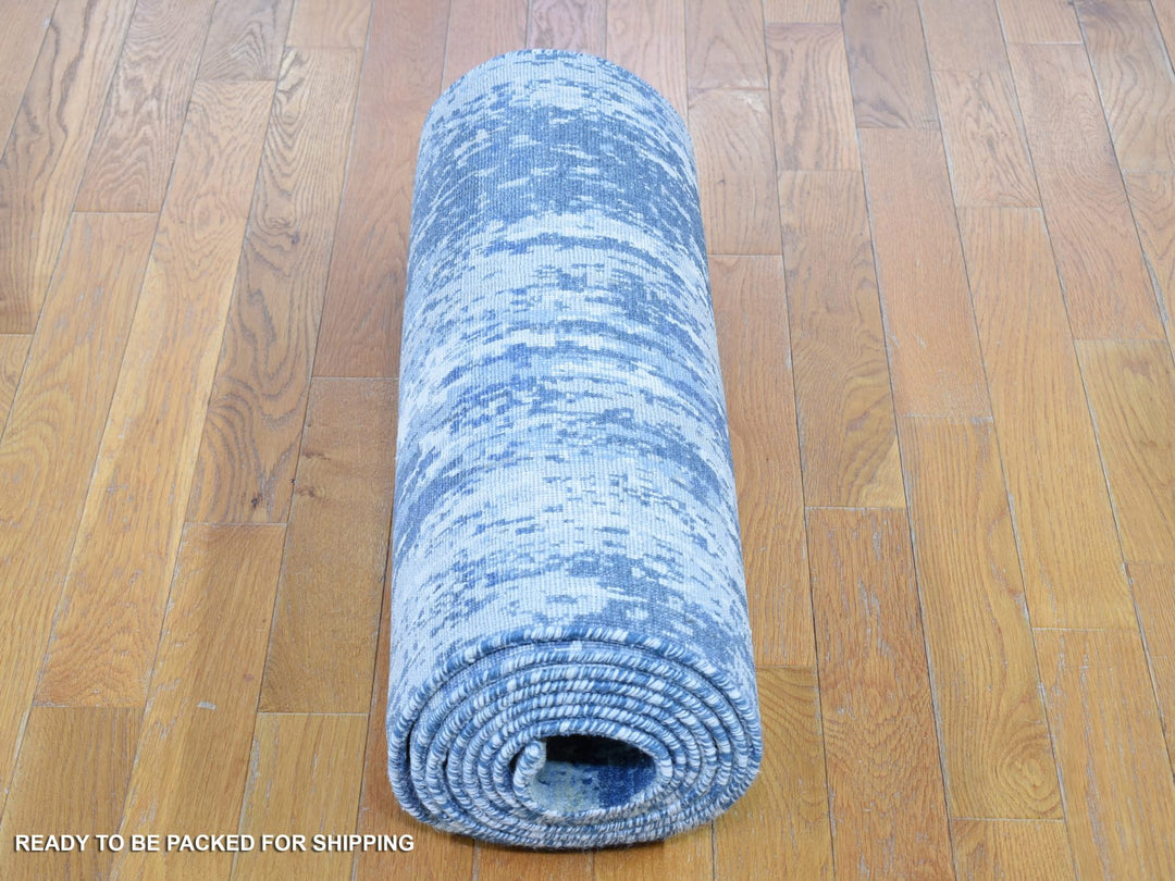 2'7" x 12'2" New Hand Knotted Blue Wool & Silk Runner Oriental Rug - MOA10266985